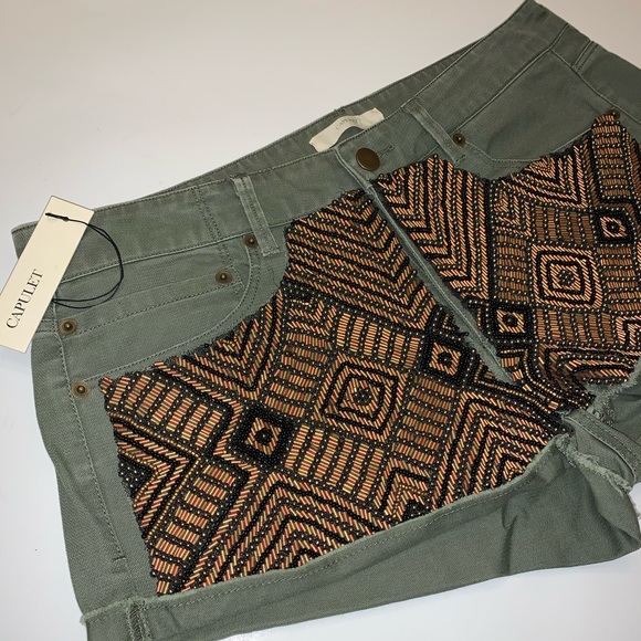 Capulet Green Beaded Distressed Denim Shorts - Picture 4 of 8